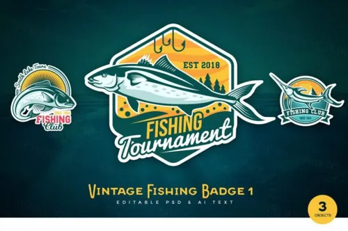 高端时尚复古钓鱼logo标志PSD和AI徽标徽章设计模板vintage-fishing-psd-ai-logo-ba...