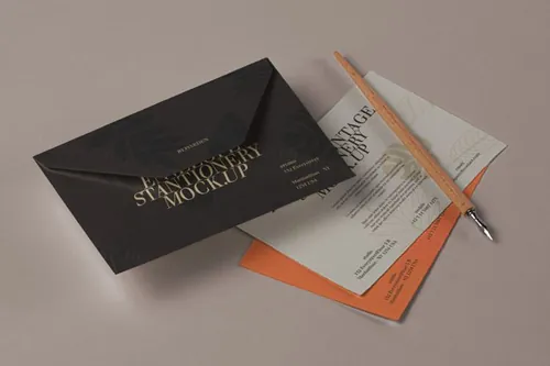 复古信封邀请函钢笔场景设计提案样机PSD模板 Vintage Psd Invitation Mockup Set