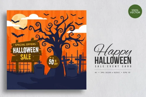 万圣节促销活动卡片设计模板素材v2 Happy Halloween Sale Vector Card
