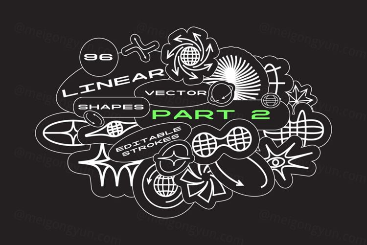 复古酸性艺术未来派赛博朋克几何抽象行星箭头旋涡图形素材 96