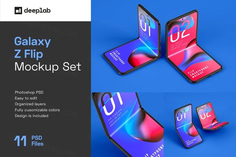 三星可折叠屏智能手机APP UI提案样机模板素材 Galaxy Z Flip Mockup | Folding Phone