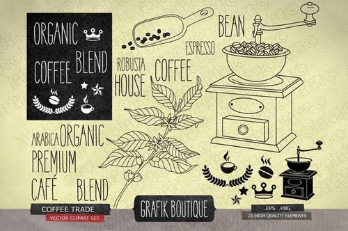 经典咖啡元素插画 Coffee trade , vintage grinder , crown