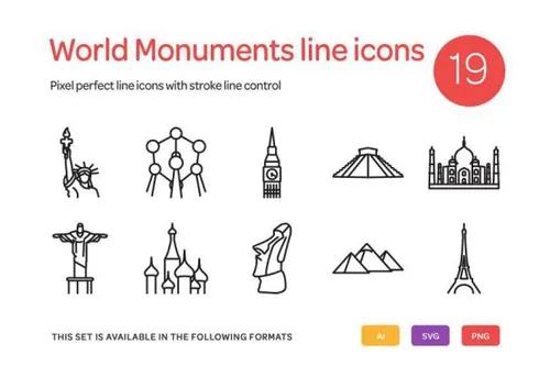 世界纪念碑线型图标集 World Monuments Line Icons Se