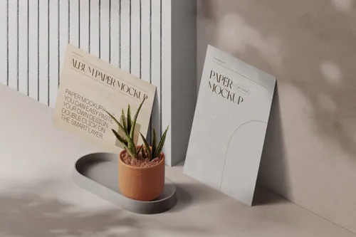 纸张卡片盆栽品牌设计提案场景模板 Scene With Paper Mockups And Plant Isometric