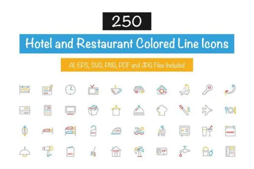 250个酒店相关图标 250 Hotel Colored Line Icons