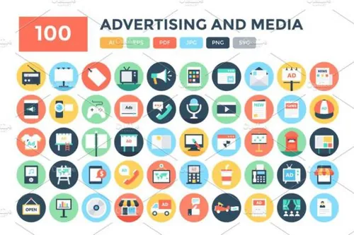 100扁平化广告和媒体图标 100 Flat Advertising and M
