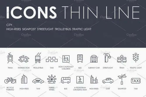 城市相关元素细线图标 City thinline icons