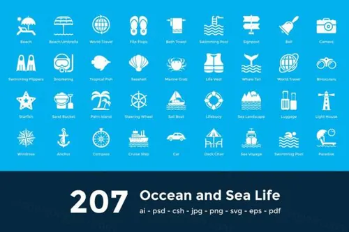 207个海洋和海滩生活图标 207 Occean and Sea Life Ic