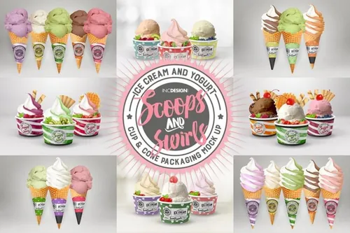 冰淇淋纸杯纸筒包装展示模型 Ice Cream or Yogurt Cup and Cone Packaging Mock Up