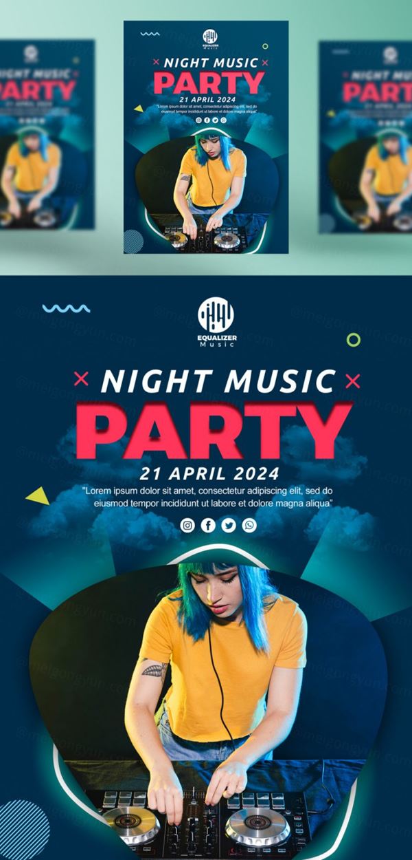 音乐派对DJ酒吧迪厅夜场宣传广告海报PSD模板 Music party social media post template