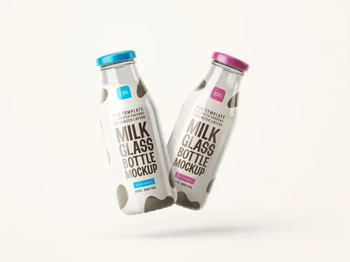 鲜奶牛奶羊奶透明玻璃杯品牌包装设计样机PSD模板 Fresh milk glass mockup