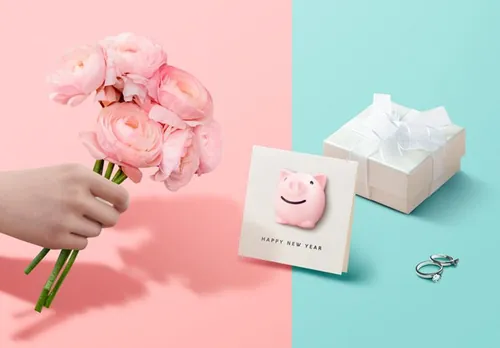 2019年最新粉红色品牌VI场景海报设计元素【玫瑰花、礼品盒、卡片】