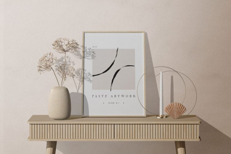 艺术画框贴图展示装饰花瓶简约场景样机模板 Frame Mockup On Table Decorative Plant
