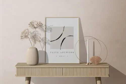 艺术画框贴图展示装饰花瓶简约场景样机模板 Frame Mockup On Table Decorative Plant