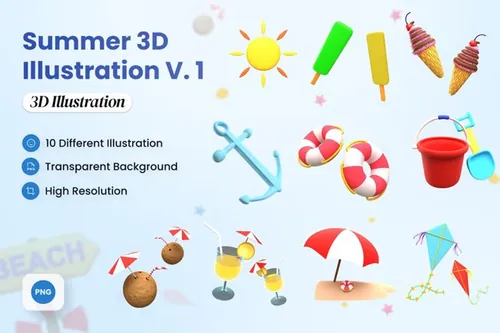 三维渲染卡通夏日海滩旅行度假主题3D插画素材  Summer