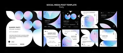 科技峰会颗粒感渐变几何抽象形状Ins新媒体宣传海报设计PSD模板 Techno party template
