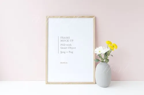 木纹画框样机模型 30x40cm floral wood frame