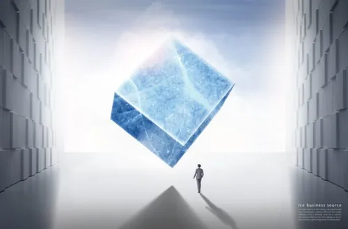 商务思考冰冻时期3D渲染概念商业海报PSD模板素材  Ice Business Source