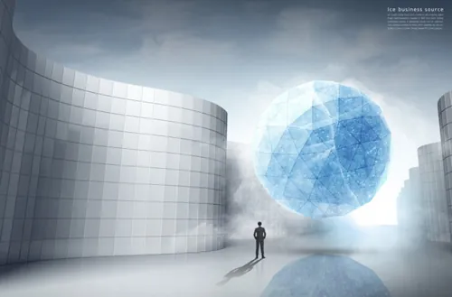 商务思考冰冻时期3D渲染概念商业海报PSD模板素材  Ice Business Source