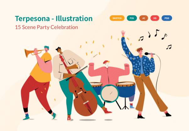 生日聚会情侣舞蹈泳池派对矢量插画素材 Terpesona Party