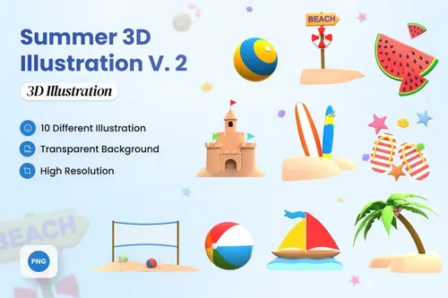 三维渲染卡通夏日海滩旅行度假主题3D插画素材 Summer