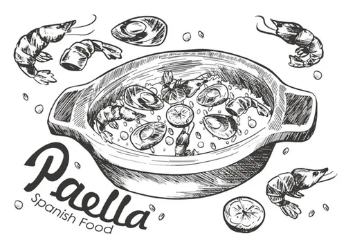 简画西班牙海鲜饭矢量插图Paella Spanish Food