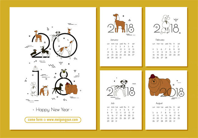 卡通手绘狗年日历台历矢量模板 MGY-1