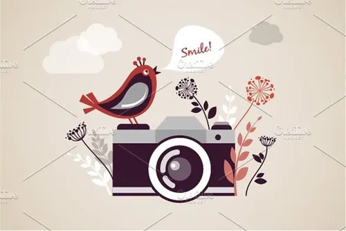 小鸟和照相机矢量插图Vintage Camera - vector illustration
