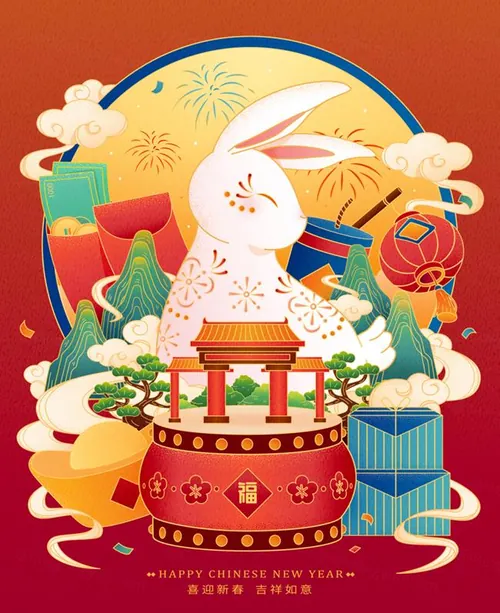 2023年中国新年生肖兔年东方传统节日促销宣传海报招贴EPS