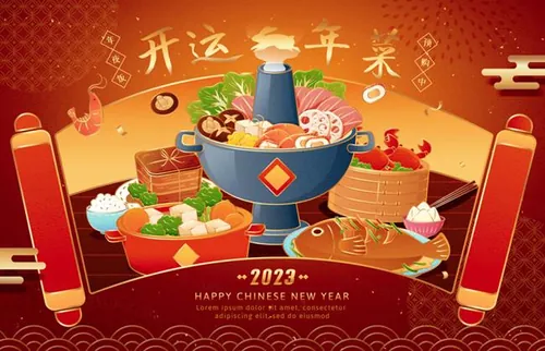 2023年开运年菜中国新年生肖兔年东方传统节日促销宣传海报招
