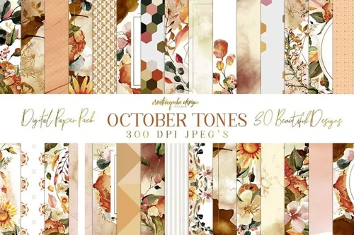手绘水彩画风格图案纹理 October Tones Digi