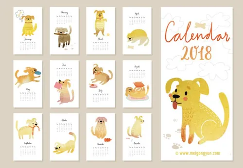 卡通手绘狗年日历台历矢量模板 MGY-2
