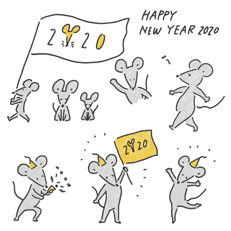2020新年贺卡清新风格卡通老鼠生效矢量插画1720271