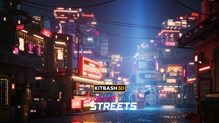 复古未来派赛博朋克风格科幻城市街道建筑场景3D模型素材 Ki