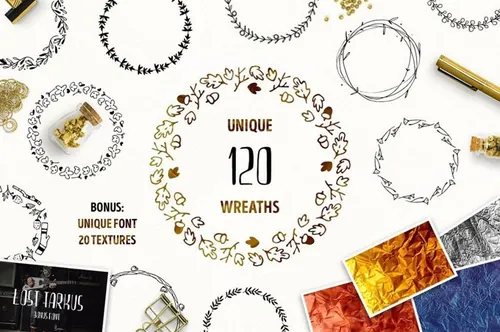 120款独特的手绘矢量花环素材 Unique Wreaths