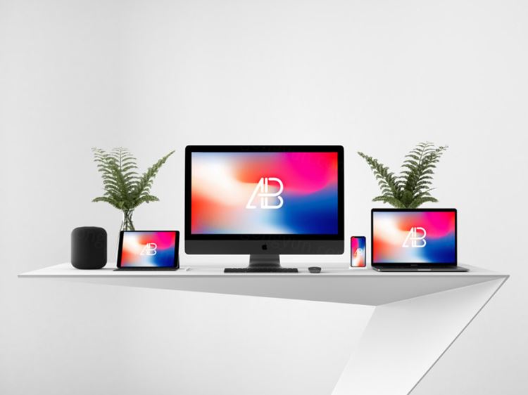 苹果电脑贴图样机PSD模板Modern Responsive Showcase Mockup
