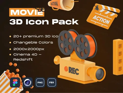 C4D三维渲染摄影机导演椅拍摄倒计时3D眼镜电影主题图标合辑