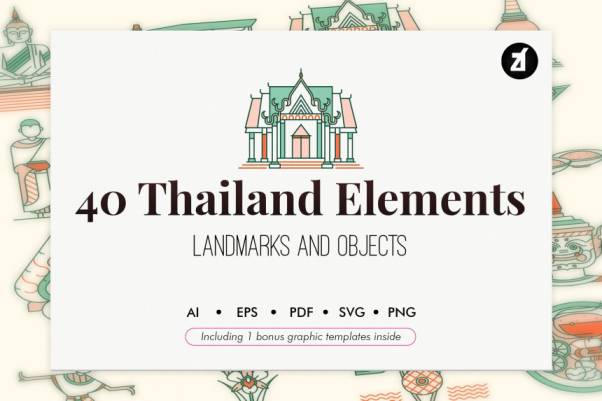 40款泰国地标元素矢量图标素材 40 Thailand elements wit