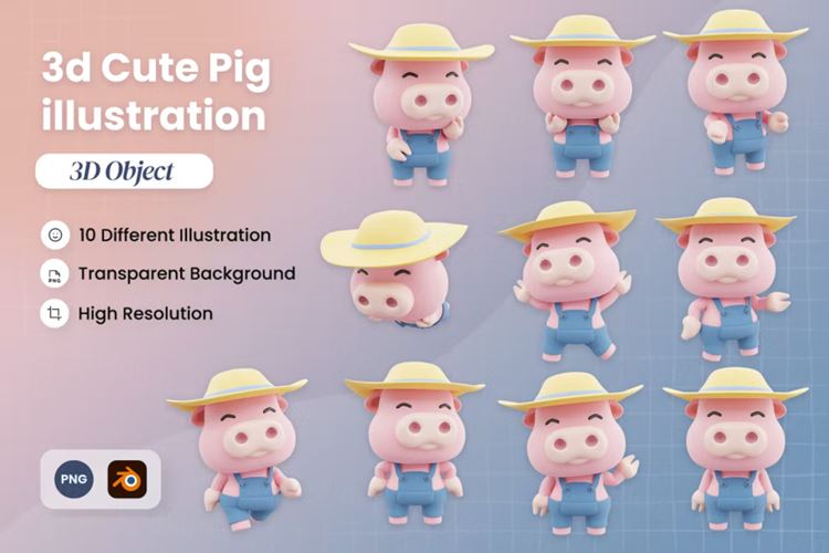 三维渲染可爱猪猪3D卡通形象插画素材 3D Cute Pig