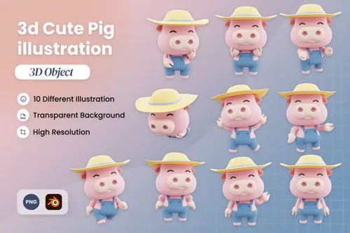 三维渲染可爱猪猪3D卡通形象插画素材 3D Cute Pig