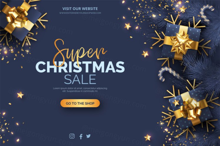 深蓝金色系列圣诞节装饰新年促销海报EPS矢量模板素材