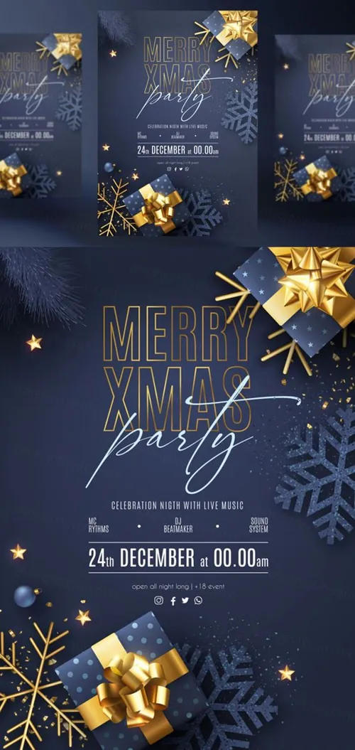 深蓝金色系列圣诞节装饰新年促销海报EPS矢量模板素材