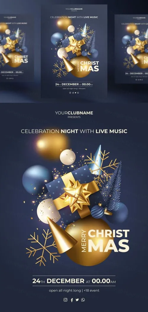 深蓝金色系列圣诞节装饰新年促销海报EPS矢量模板素材