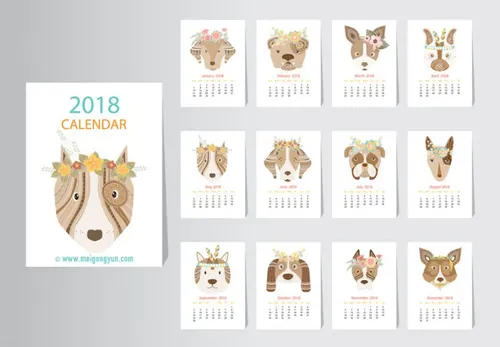 卡通手绘狗年日历台历矢量模板 MGY-7