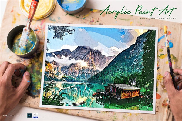 丙烯酸涂料水彩油画效果照片处理ps动作下载