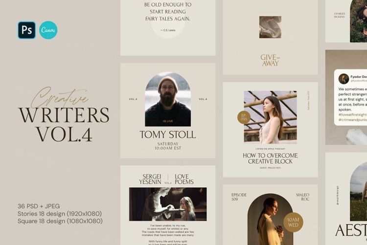 欧美极简主义女性优雅的新媒体海报排版PSD模板素材 Writ