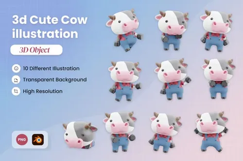 三维渲染可爱奶牛3D卡通形象插画素材 3D Cute Cow