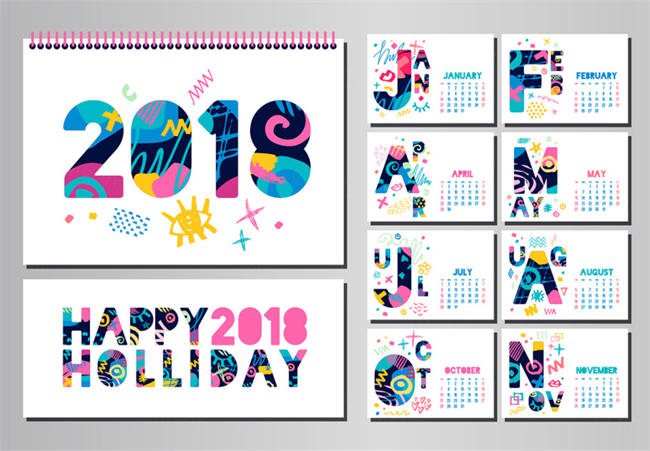 卡通手绘狗年日历台历矢量模板 MGY-8