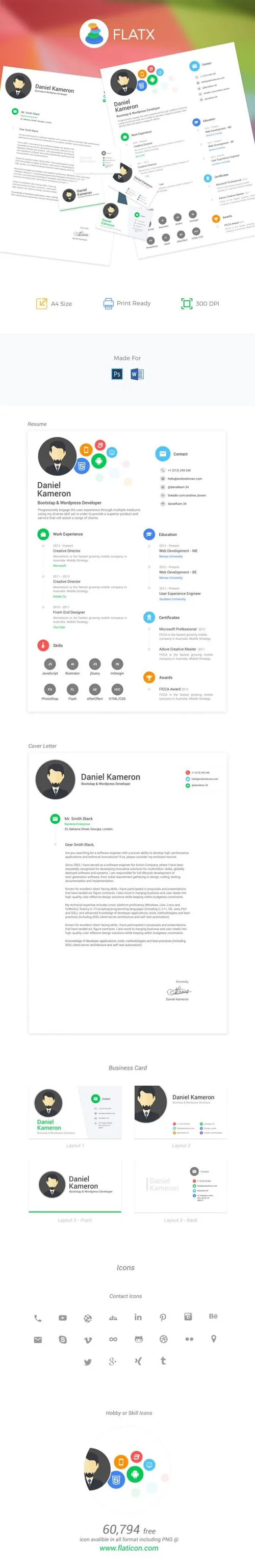 设计师程序员专用扁平化风格简历名片PSD/DOC模板 FlatX Resume