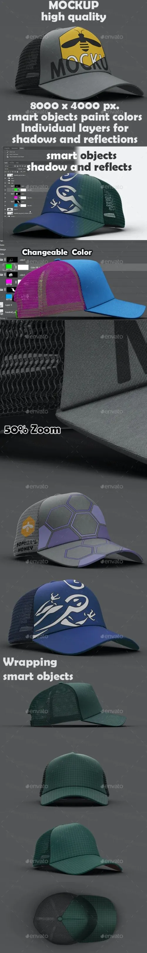 4个高分辨率的棒球帽图案设计样机模板